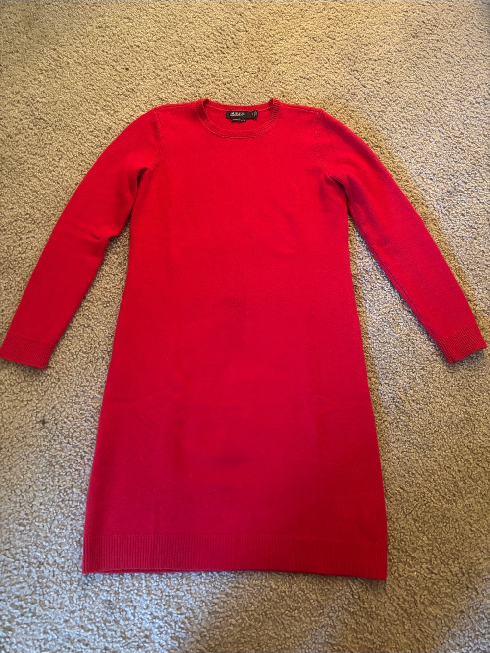 Lauren Ralph Lauren Bright Red Long-Sleeve Knit Dress wool and cashmere S